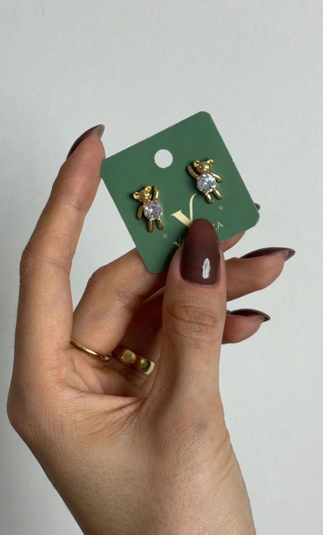 Brincos de ursinho dourado com zircônia