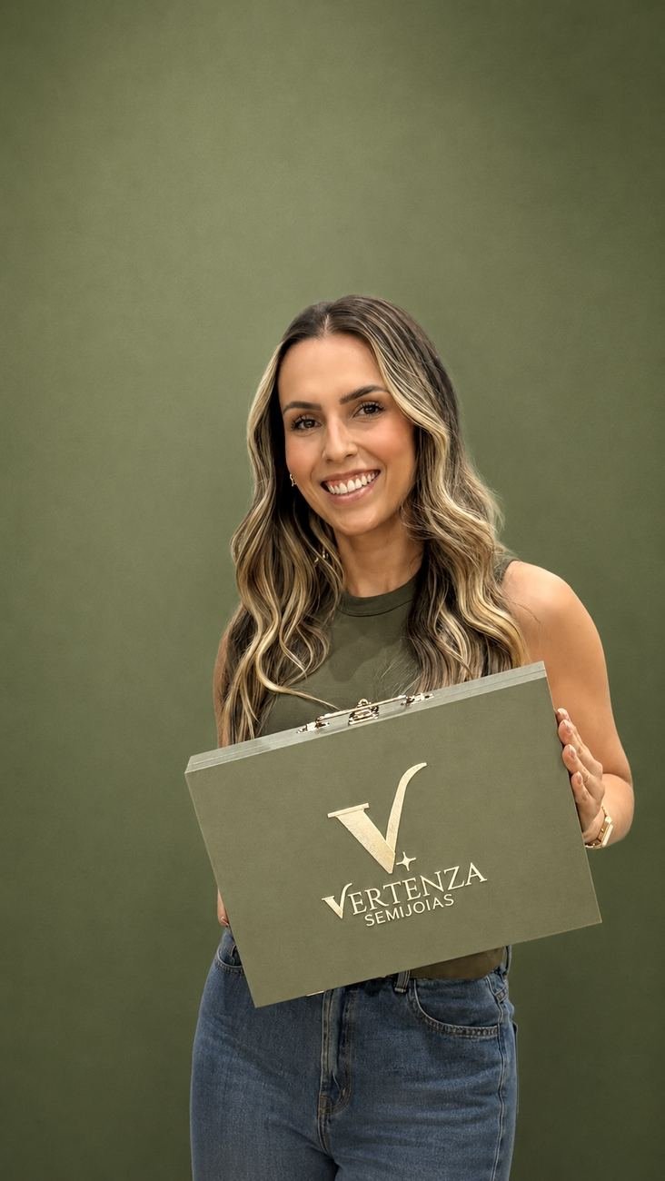 Consultora sorrindo com a maleta verde Vertenza Semijoias